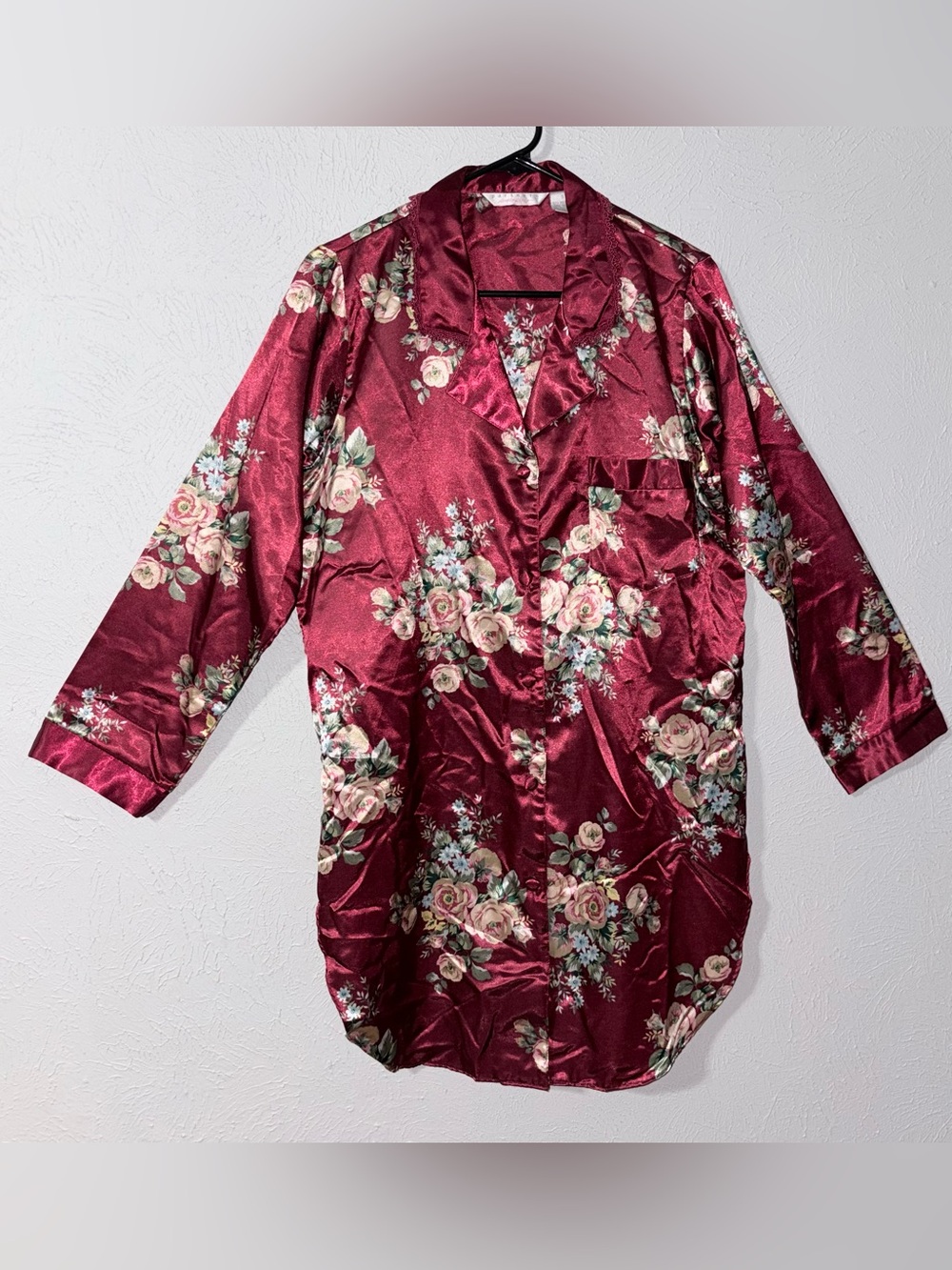 Partners Intimates Floral Satin Nightshirt Burgundy Rose Print Button Front
